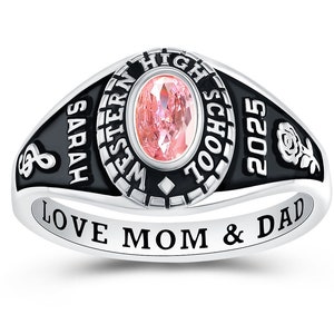 Customized Sterling Silver Ladies High School and College Class Ring – Delicate Classic Collection – Fully Personalized - Mementos Jewelry