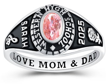 Customized Sterling Silver Ladies High School and College Class Ring – Delicate Classic Collection – Fully Personalized - Mementos Jewelry