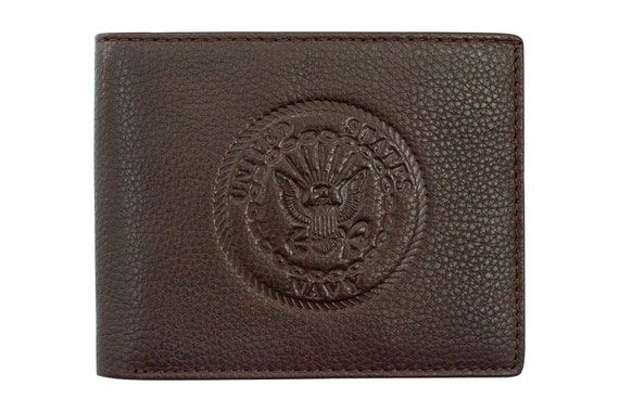 Navy Engraved Black Leather Bifold Wallet Officially Licensed U.S