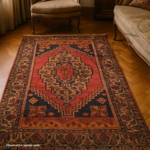 Rare Antique Ottoman Rug 1850s | Handwoven Anatolian Wool Carpet | Organic Dyed Medallion Design | 210x108 cm Vintage Boho Living Room Decor