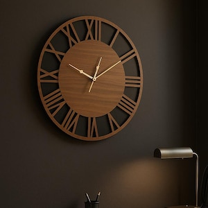 Large Wooden Wall Clock – 50 cm Roman Numerals Clock with Gold Hands – Rustic Modern Clock for Office or Living Room Decor, Father s Day