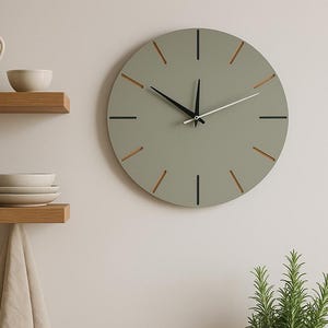 Modern Sage Green Wall Clock – Minimalist Round Clock with White Markers & Black Hands –  Scandinavian Kitchen or Office Decor, Gift for her