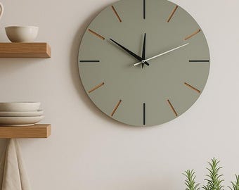 Sage Green Silent Minimalist Scandinavian Clock – Modern Wooden Decor for Kitchen, Office, Gift