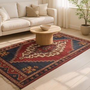 Alfombra otomana antigua con medallón: alfombra turca de lana tejida a mano de la década de 1850 / Decoración vintage anatolia para el hogar imagen 7