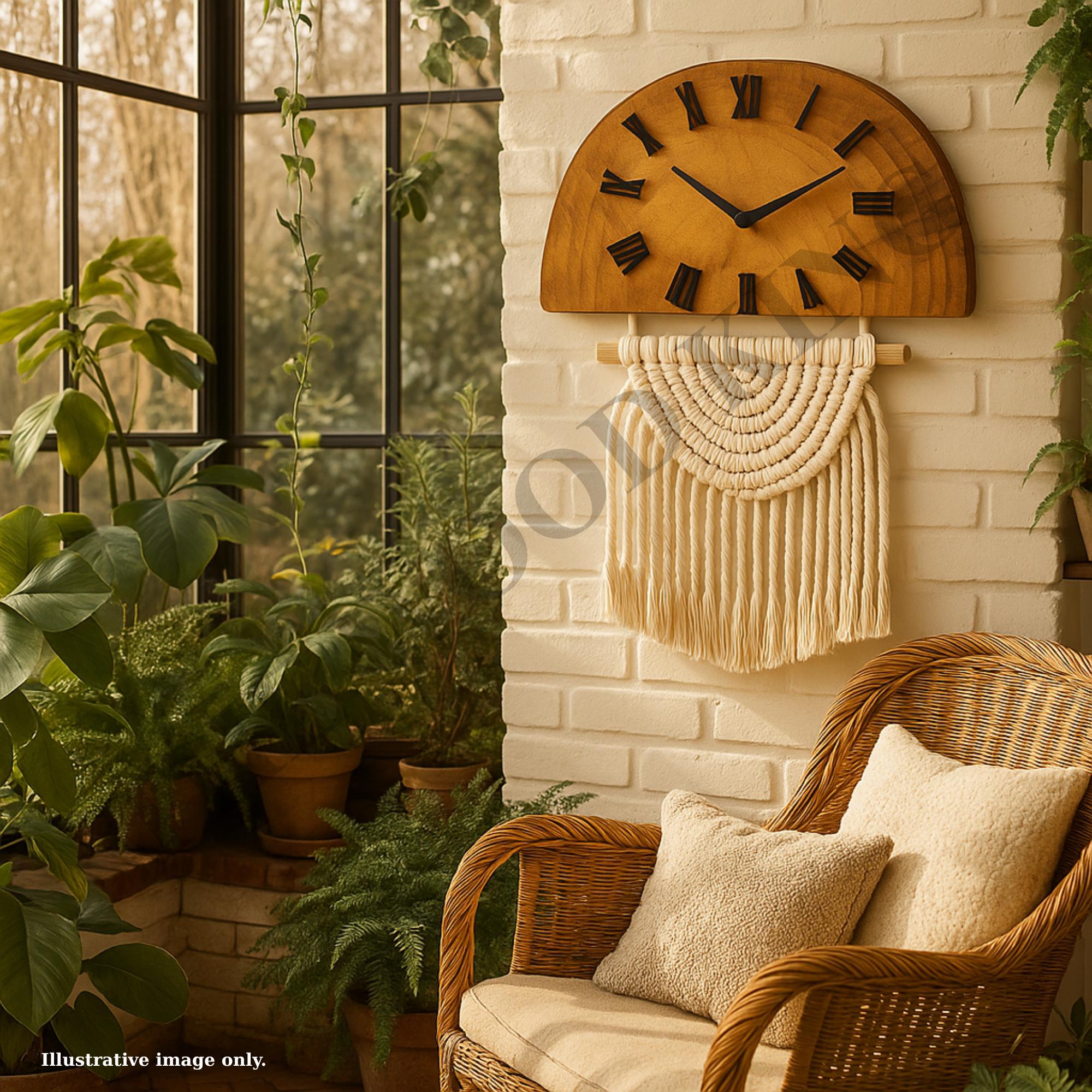 Boho Macrame Wooden Wall Clock – Rustic Half Moon Decor | Minimalist ...