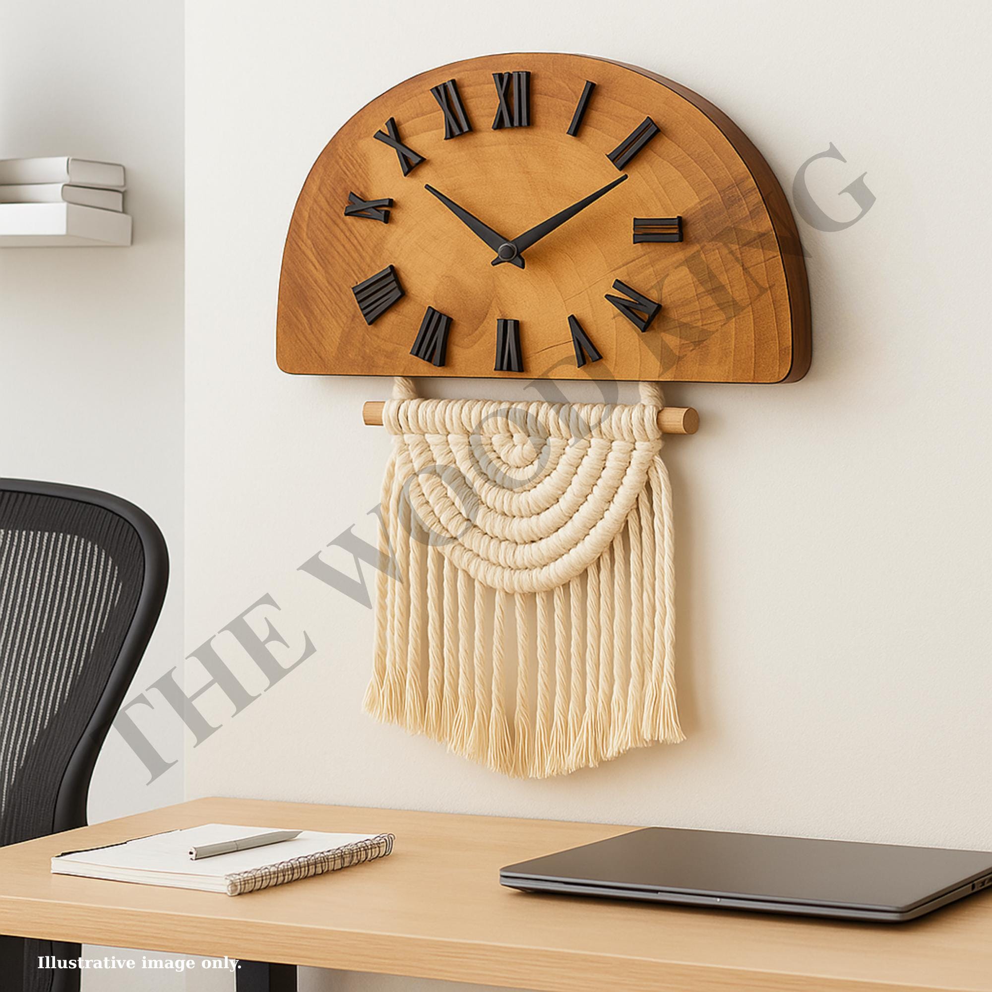 Boho Macrame Wooden Wall Clock – Rustic Half Moon Decor | Minimalist ...