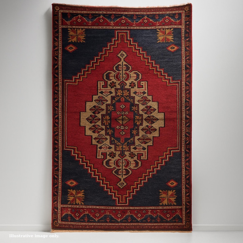 Alfombra otomana antigua con medallón: alfombra turca de lana tejida a mano de la década de 1850 / Decoración vintage anatolia para el hogar imagen 1