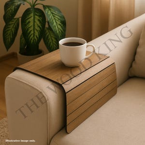 Handmade Wood Sofa Arm Tray, Couch Side Table with Cup Holder – Natural Wood Armrest Table, Gift for Him , Flexible Couch Arm Table