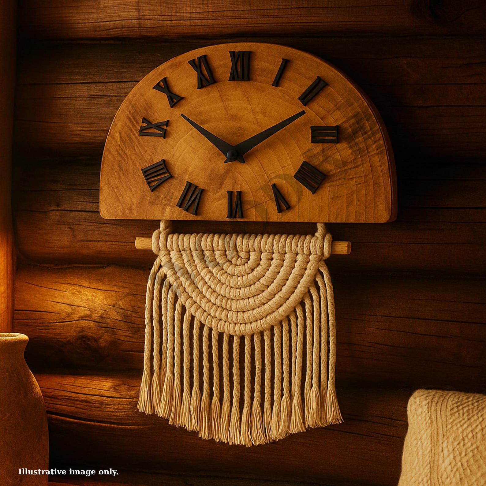 Boho Macrame Wooden Wall Clock – Rustic Half Moon Decor | Minimalist ...