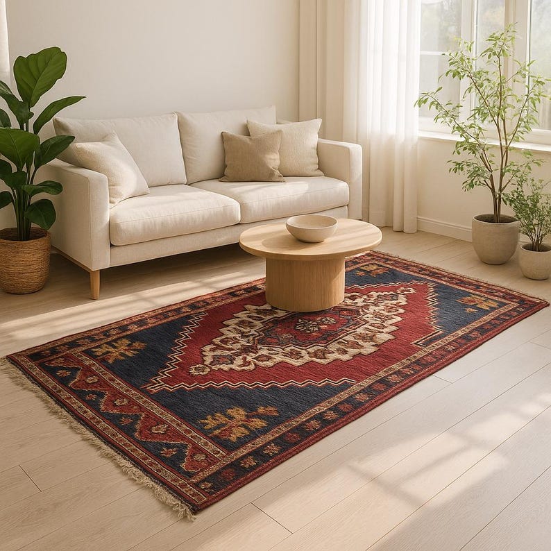 Alfombra otomana antigua con medallón: alfombra turca de lana tejida a mano de la década de 1850 / Decoración vintage anatolia para el hogar imagen 7