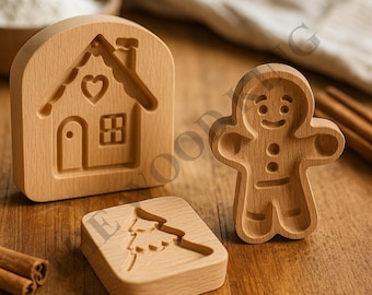 Christmas Wooden Cookie Mold Set – Gingerbread Man, Tree & House – Holiday Baking Gift