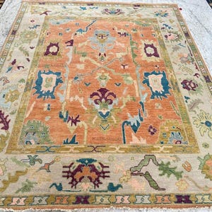 Hand-Knotted Orange Oushak Wool Rug: Floral Medallion, Soft & Durable