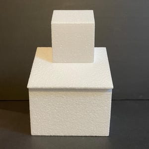 May include: Two white foam cake dummies stacked on top of each other. The bottom dummy is larger than the top dummy.