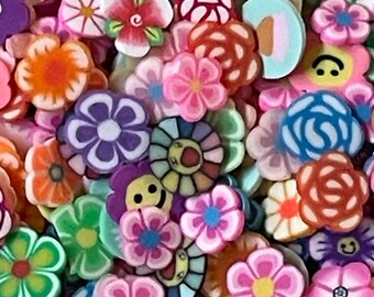 Floral Kawaii Polymer Clay Sprinkles/Slices. Colorful floral with Kawaii Flower Face Mix sprinkles. Approximately 6mm in size.