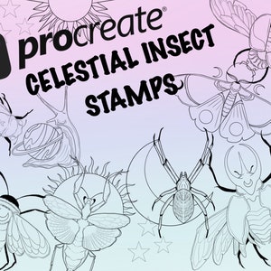 Può includere: Un set di timbri digitali per l'app Procreate con insetti a tema celeste. I timbri includono un ragno su una luna crescente, una mantide religiosa con raggi di sole, uno scarabeo con le ali, una falena con una luna crescente e una cicala con un pianeta.