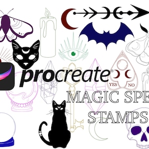 Puede incluir: Un conjunto de sellos digitales que presentan varios símbolos mágicos y místicos, incluyendo una luna creciente, un murciélago, una calavera, un cristal, una llave, una vela, un ojo, un gato, una polilla y una tabla Ouija. El texto "procreate" y "MAGIC SPELL STAMPS" también se incluye en la imagen.