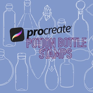 Può includere: Una collezione di timbri di bottiglie di pozioni in stile lineare bianco su sfondo azzurro. Il logo dell'app Procreate è presente, insieme al testo "Potion Bottle Stamps". Le bottiglie variano per forma e dimensione, con tappi e tappi.