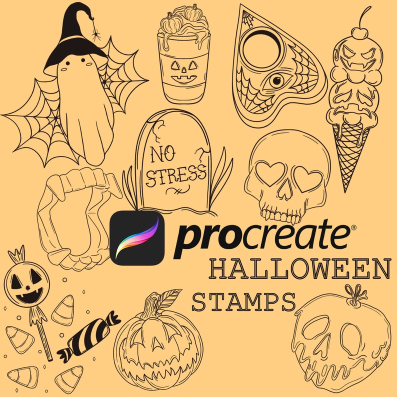 Set of 10 Procreate Halloween Theme Stamp Brushes | Digital Stickers ...