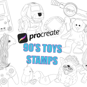 May include: Black and white line art illustration of popular 90s toys including a Game Boy Color, a Tamagotchi, a Furby, a troll doll, a Beanie Baby, a My Little Pony, a Bop It, a Nintendo 64 controller, and a robotic dog. The text "90's TOYS STAMPS" is written in blue and white letters.