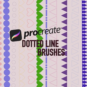 May include: A collection of dotted line brushes for the Procreate app. The brushes are shown as lines of different shapes, including circles, hearts, triangles, and squares. The lines are in various colors, including pink, blue, green, and purple.