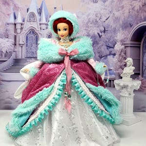 Ariel Doll, OOAK, Winter Wonderland, 12&quot; Doll, The Little Mermaid, 18-Piece Ensemble, Princess, Rhinestones, Pearls, Muff, Shawl, 1 of 1