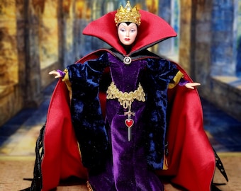 OOAK Evil Queen Art Doll: Velvet Gown, Rhinestone Cape, 9-Piece Ensemble