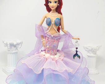 Ariel Doll, OOAK, Emerging from the Sea, 12" Doll, The Little Mermaid, 11-Piece Ensemble, Princess, Rhinestones, Pearls, Jewelry, Bespoke