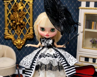 Blythe FA, Custom, OOAK, The Violinist, FA, 14-Piece Ensemble, Blythe Dress, Black and White, Crinoline Skirt, Petticoat, Violin, Bespoke