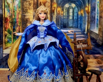 Aurora Doll, OOAK, Sleeping Beauty, 15-Piece Ensemble, 12" Classic Princess, Blue, Gold, 14th Century Gown, Medieval, Bespoke