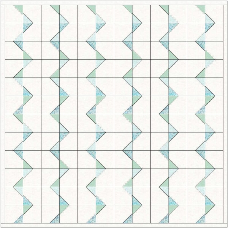 May include: A repeating pattern of light blue and green triangles on a white background. The triangles are arranged in a staggered pattern, creating a chevron effect.