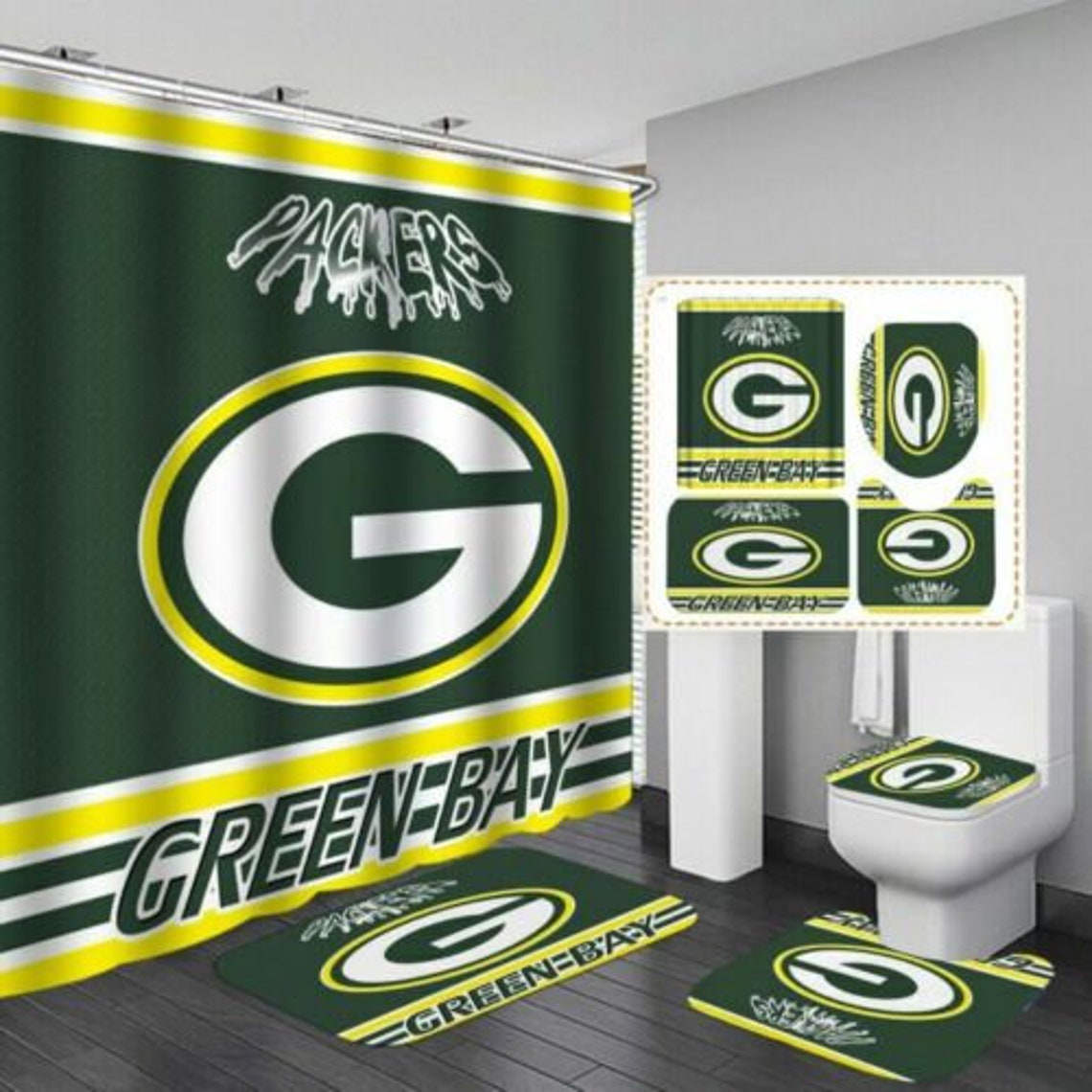 Green Bay Packers Bathroom Rug Set Shower Curtain Lid Seat Etsy
