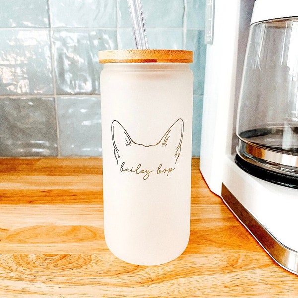 Custom Dog Ear 16oz Glass, Reusable Coffee Cup, Coffee Lover Cup, Dog Mom Gift