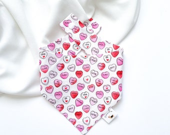 Candy Hearts Dog Bandana, Valentine's Day Snap-On, Eco-Friendly Cotton