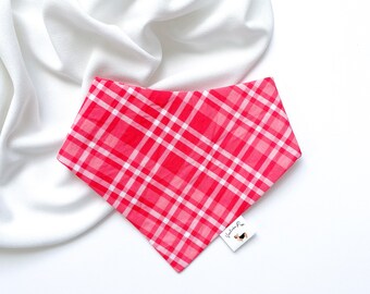 Hot Pink Plaid Snap-On Dog Bandana, Eco-Friendly Cotton