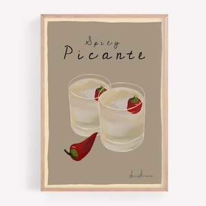 Pittige picante-print | Cocktailmuurkunst | Poster Spaanse peper Margarita | Decoratie barwagen | Pittige drankprint | Alcoholkunst | Muurkunst keuken