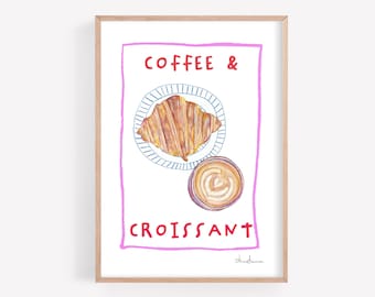 Coffee and Croissant Print: Kitchen Food Art Poster