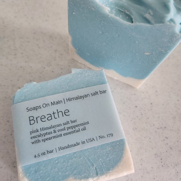 Breathe Salt Bar | Peppermint | Eucalyptus | Spearmint Essential Oil | Handmade Soap | Himalayan Salt Bar | Scrubby Bar