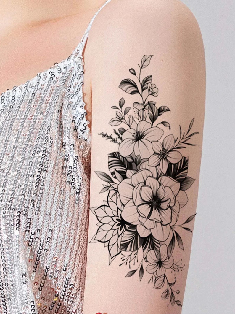 Large Temporary Tattoos Women Black Floral Temporary Tattoo Etsy