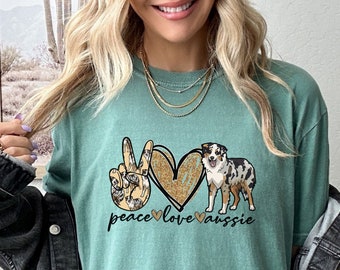 Peace Love & Aussie T-Shirt Australian Shepard Shirt Aussie Lover Gift For Dog Mom Dog Lover Shirt For Aussie Mom Herding Dog Blue Merle