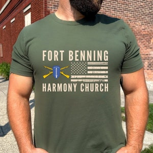 Fort Benning Harmony Church Shirt with American Flag Army Cross Rifle Insignia Come Follow Me Military Green Hoodie Infantry Men U.S. Army