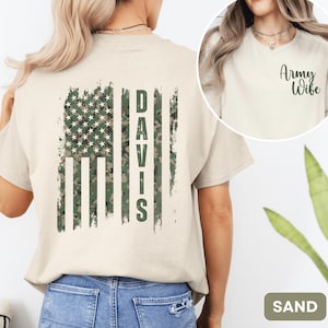 Personalized Army Shirts for Army Families with Custom Last Name Camo American Flag, Great for Army Moms, Army Wife, and  Military Families
