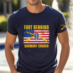 Harmony Church T-shirt Fort Benning shirt for Army Infantry School American Flag with Cross Rifles and Come Follow Me Logo Army Hoodie