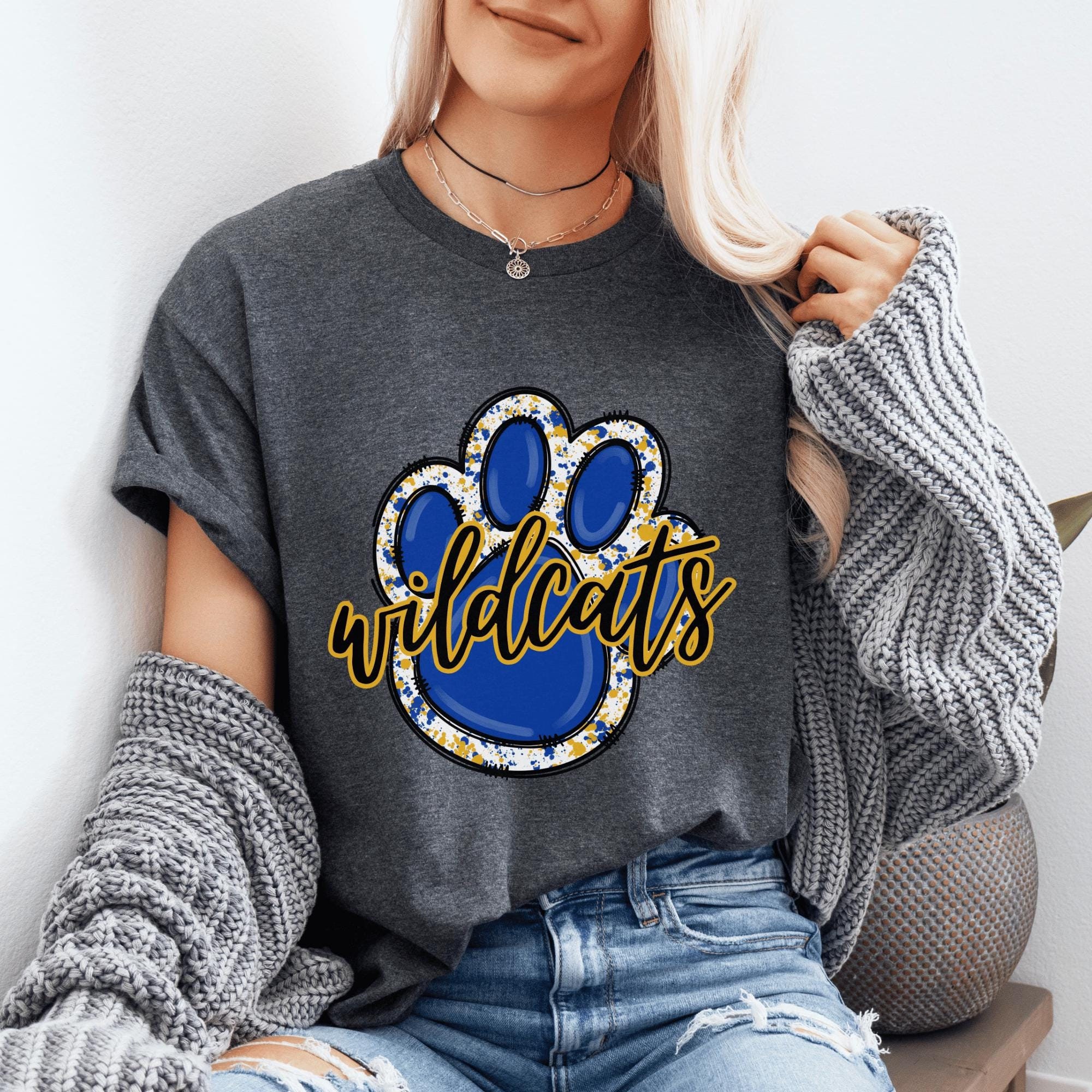 Wildcat School Mascot T-shirt for School Sports, Pawprint T-shirt for Sports Mom's Hoodies, Blue and Gold Sweatshirt for Wildcat Sports Team