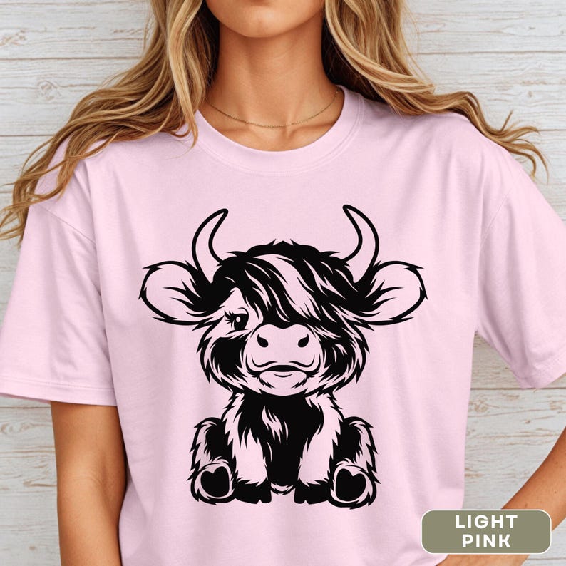 Highland Cow T-shirt for Women, Youth and Toddlers Light Pink