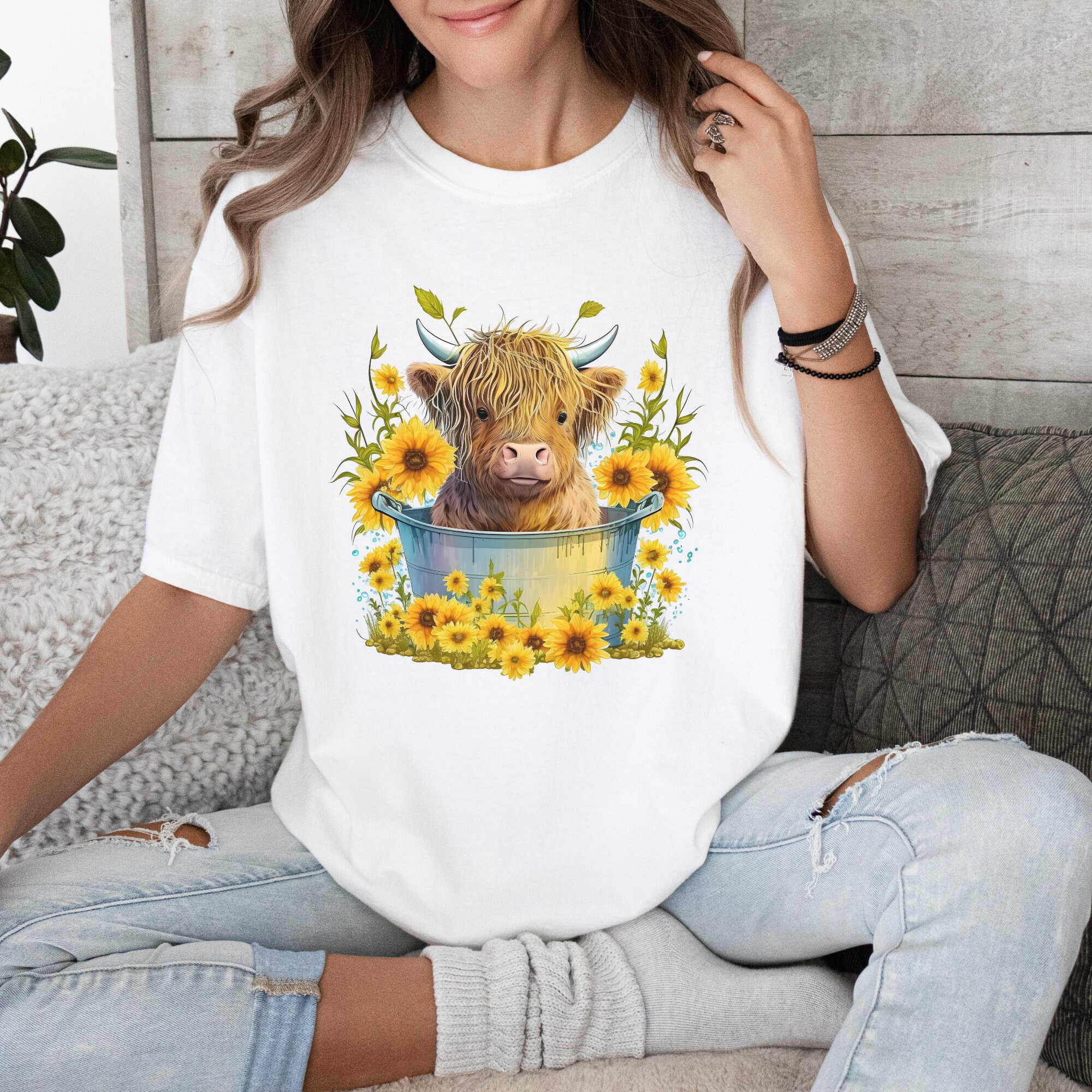 Highland Cow T-shirt Cow Sunflower Shirt Yellow Sunflower