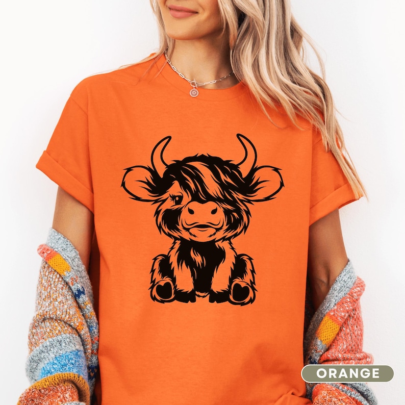 Highland Cow T-shirt for Women, Youth and Toddlers Orange