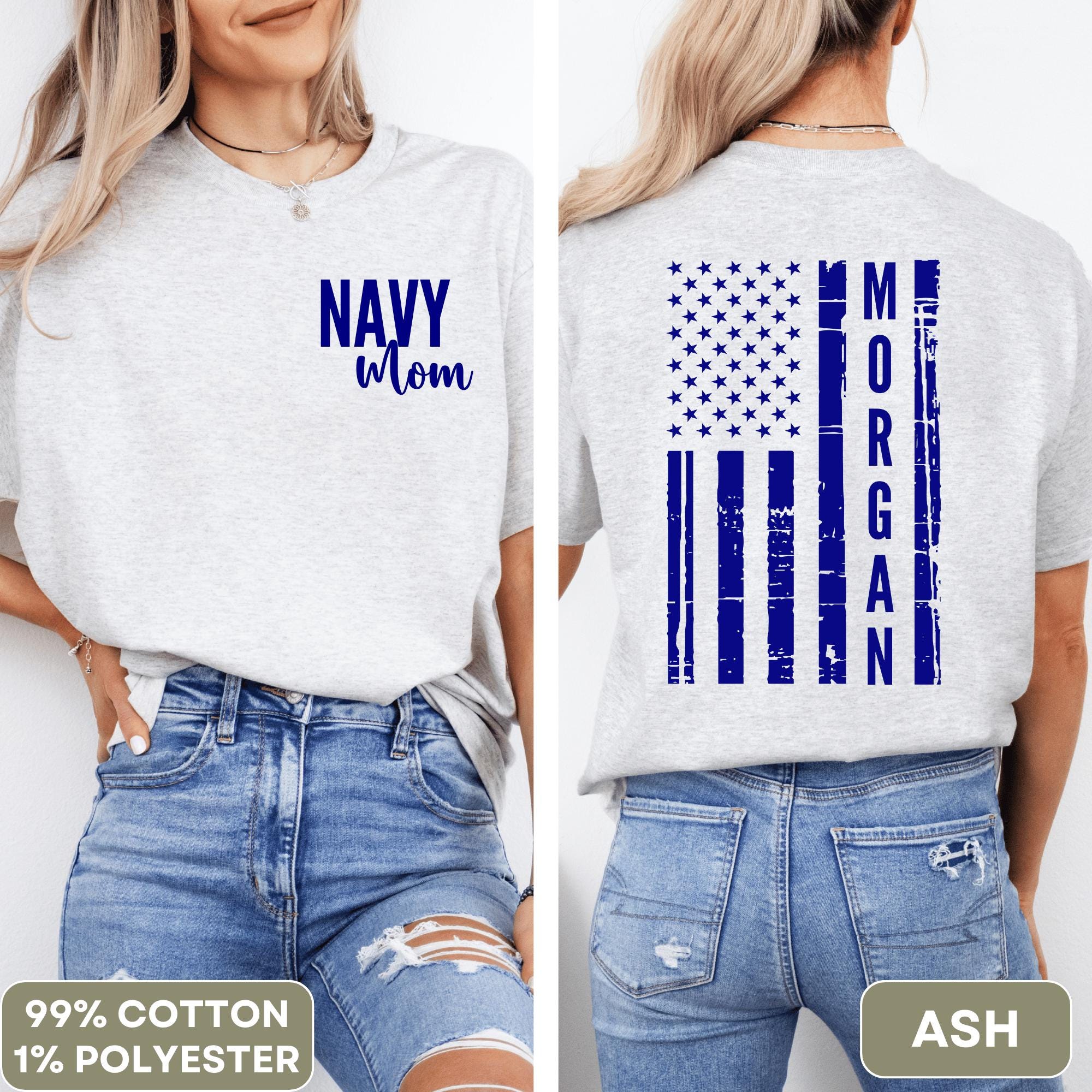 Custom Navy Shirt With Personalized American Flag Design on Sleeve For Navy Wives, Navy Moms or any Proud Navy Military Family Member Tee