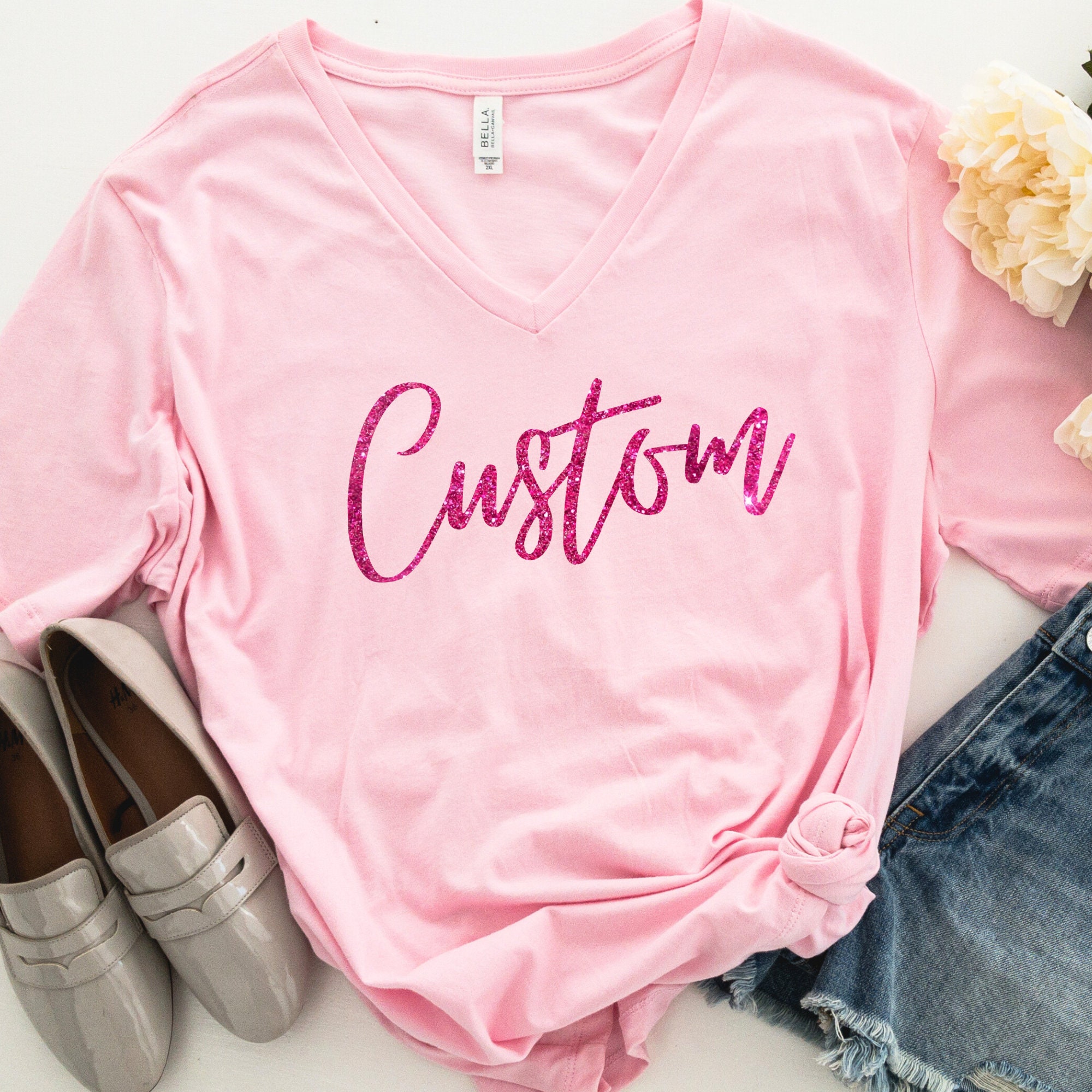 Customized Glitter T-Shirt For Women V-neck  Personalized Sparkly Text Youth Shirts Gift Idea For Mom Shirts Made With Real Vinyl Glitter