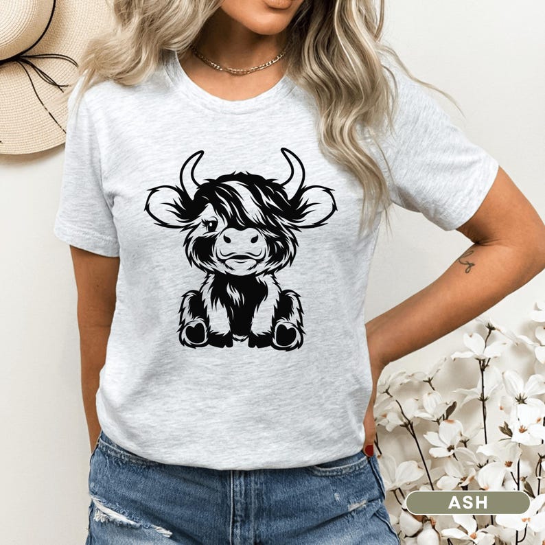 Highland Cow T-shirt for Women, Youth and Toddlers Ash