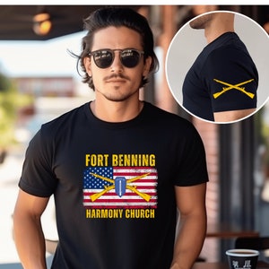 Harmony Church Fort Benning T-Shirt for Army Infantry School Sweatshirt American Flag with Cross Rifles and Come Follow Me Logo Army Hoodie